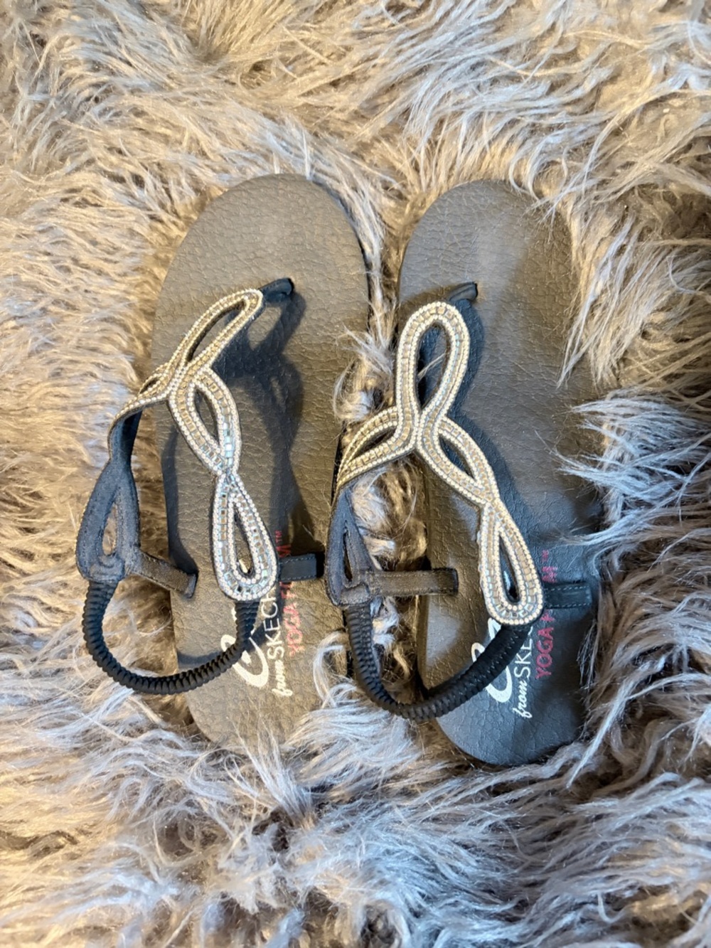 Skechers Black Beaded T-strap Sandals